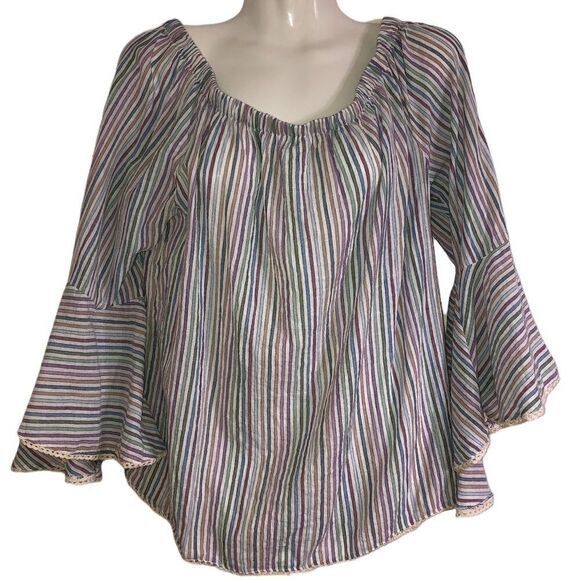 Solitaire 100% cotton off shoulder pastel stripe‎ large bell crochet trim XL - Picture 1 of 8